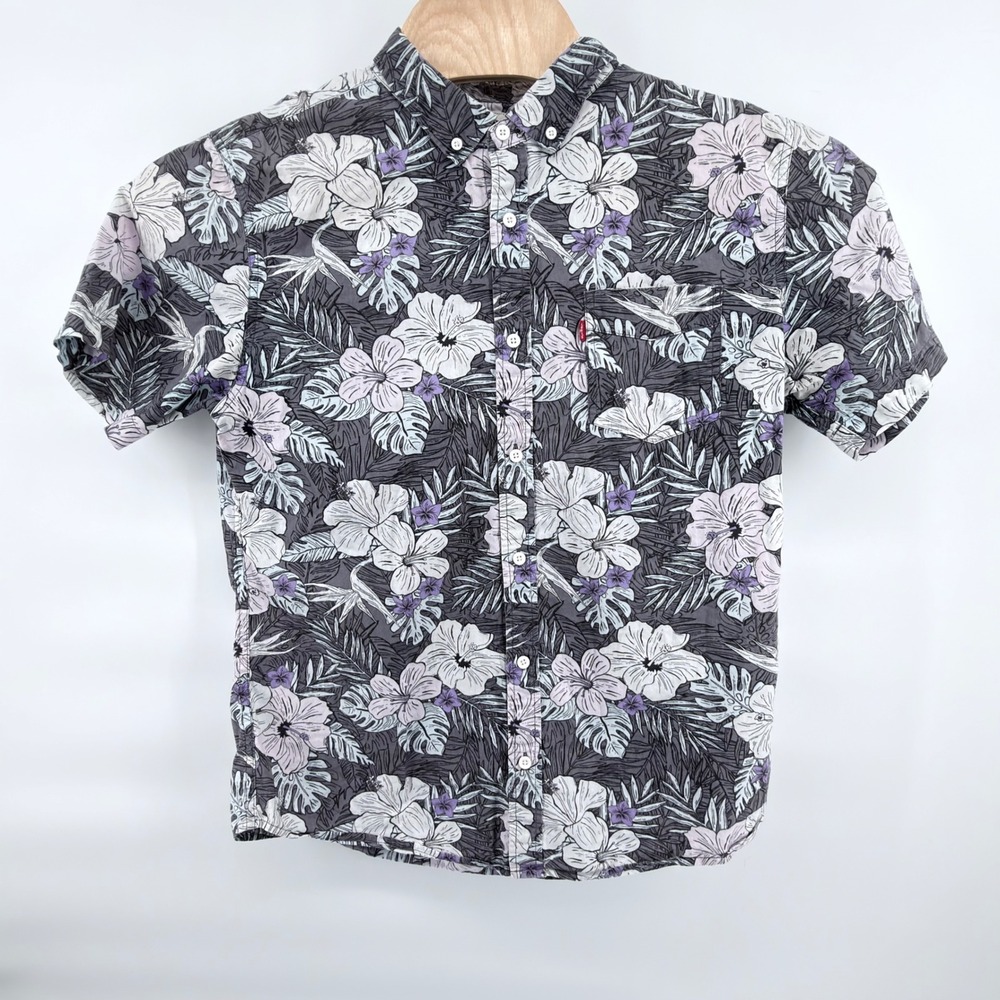 Levis Shirt Mens Large Floral Hawaiian Tropical Short Sleeve Button Down Grey L